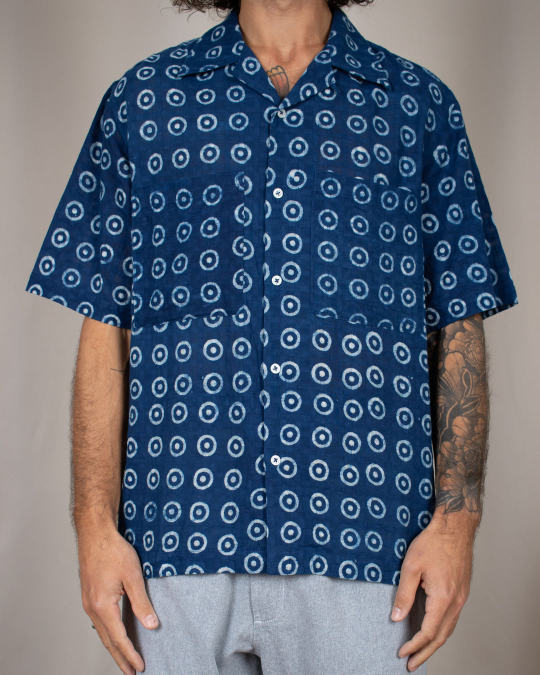 Camper Shirt Block Print Circles Indigo
