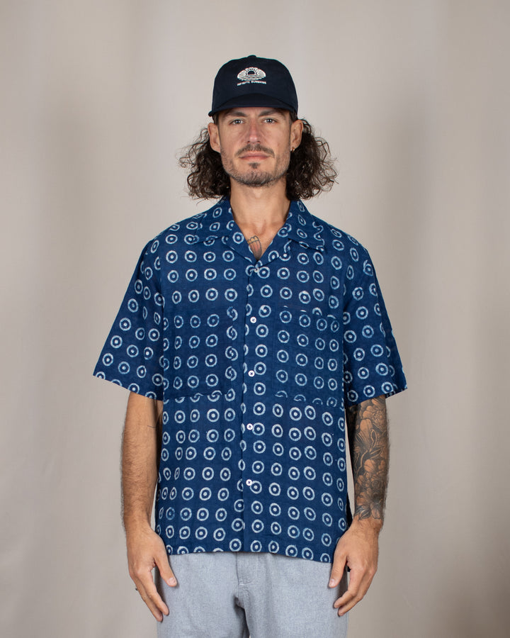 Camper Shirt Block Print Circles Indigo