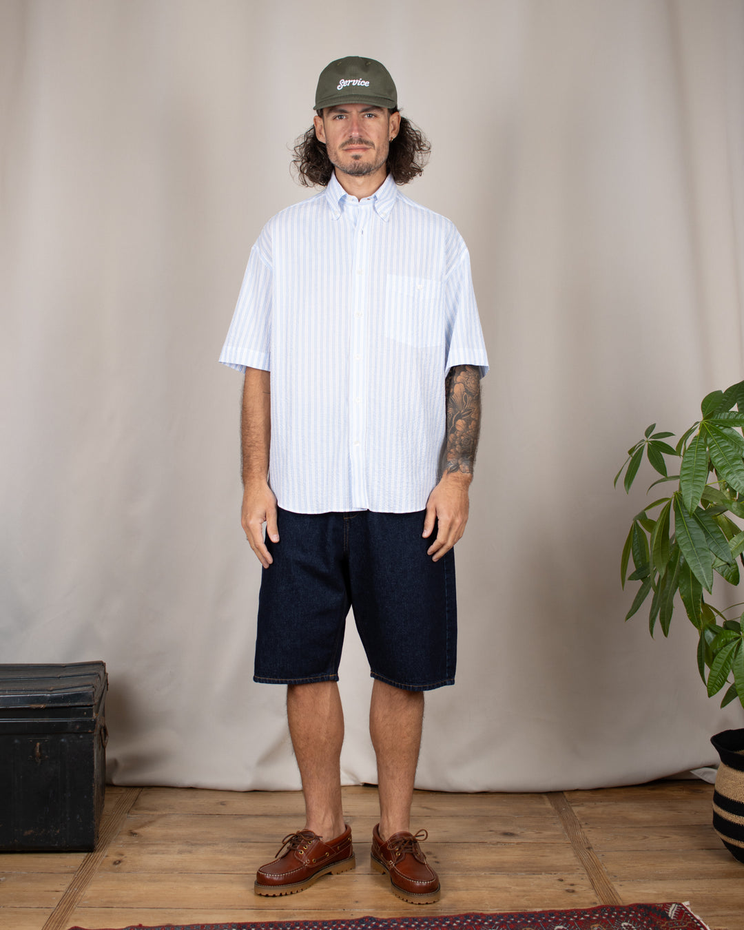 Short Sleeve Baggy Shirt Seersucker Sky Stripes