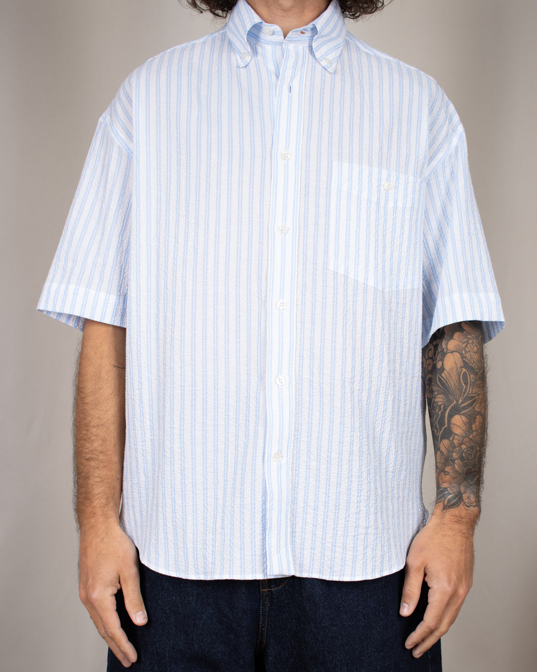 Short Sleeve Baggy Shirt Seersucker Sky Stripes