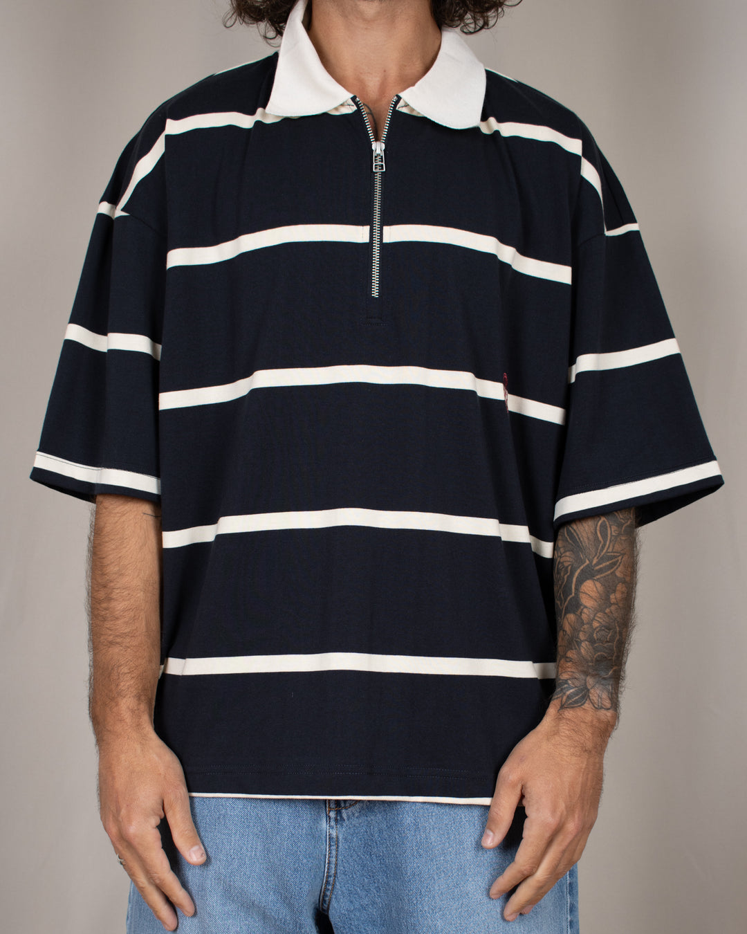 Hiro S/S Stripe Zip Polo Off-White/Navy