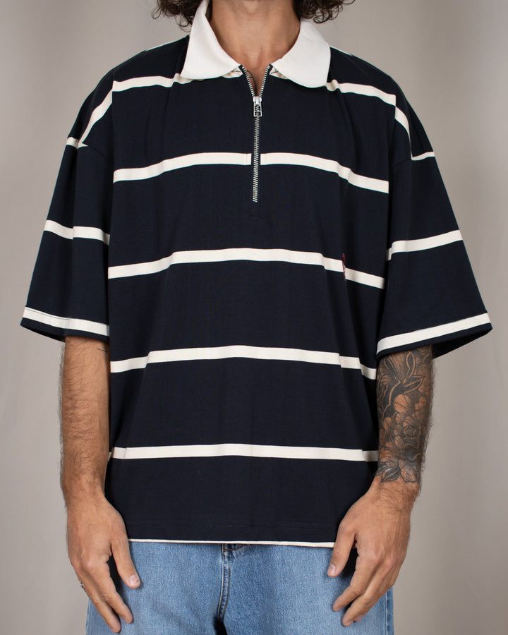 Hiro S/S Stripe Zip Polo Off-White/Navy