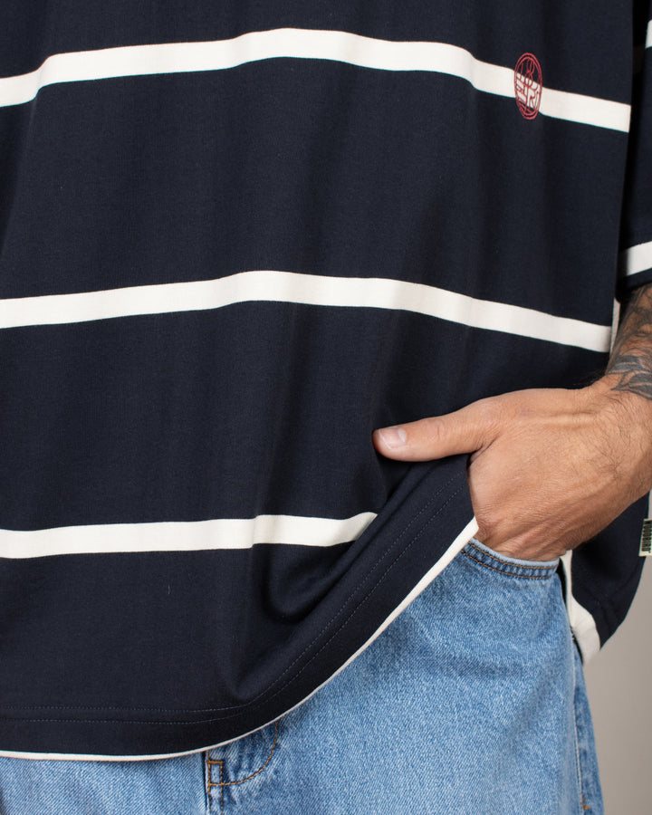 Hiro S/S Stripe Zip Polo Off-White/Navy