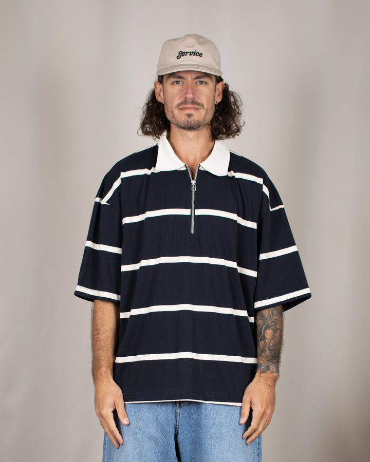 Hiro S/S Stripe Zip Polo Off-White/Navy