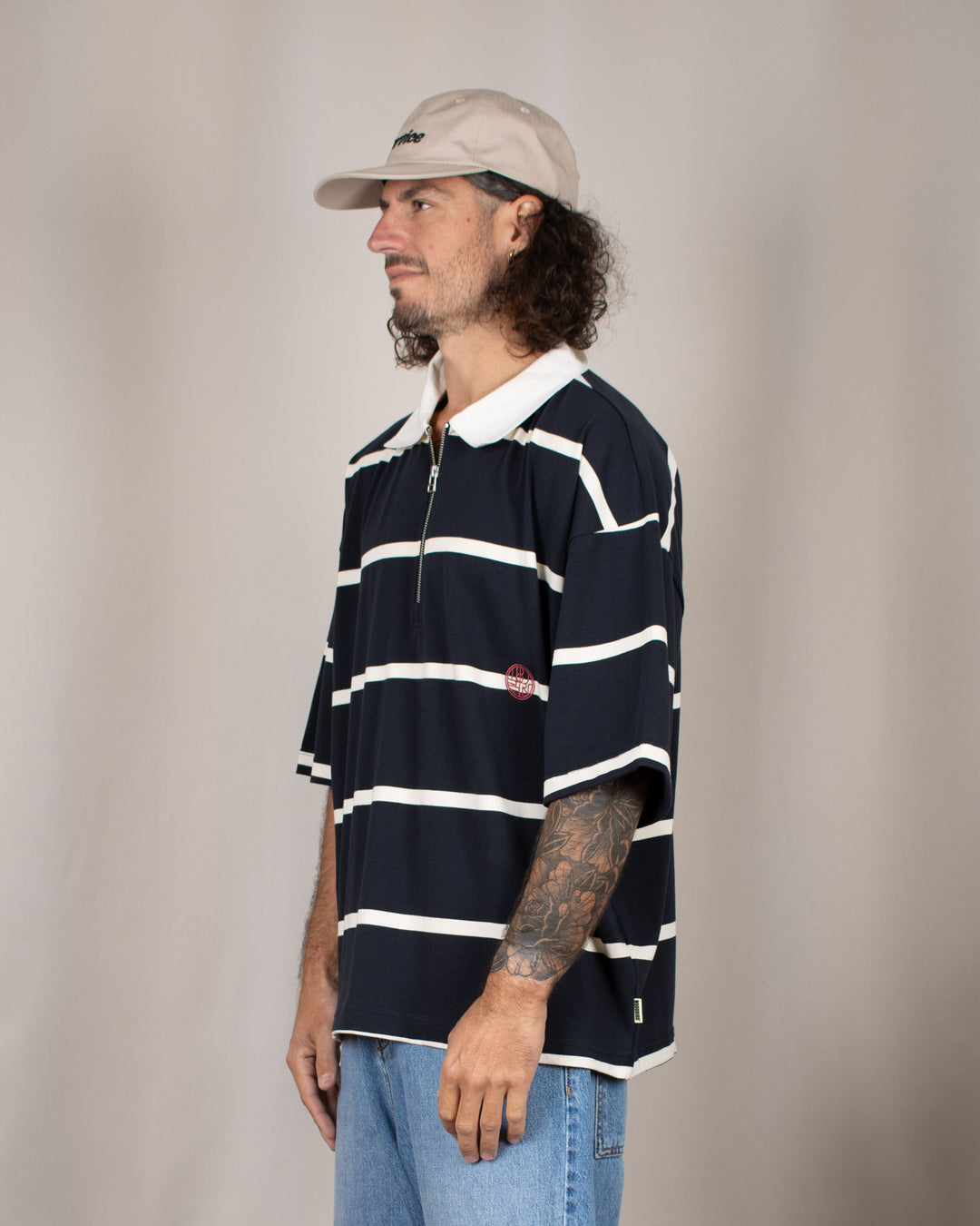 Hiro S/S Stripe Zip Polo Off-White/Navy