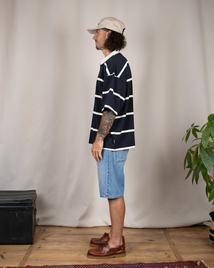 Hiro S/S Stripe Zip Polo Off-White/Navy