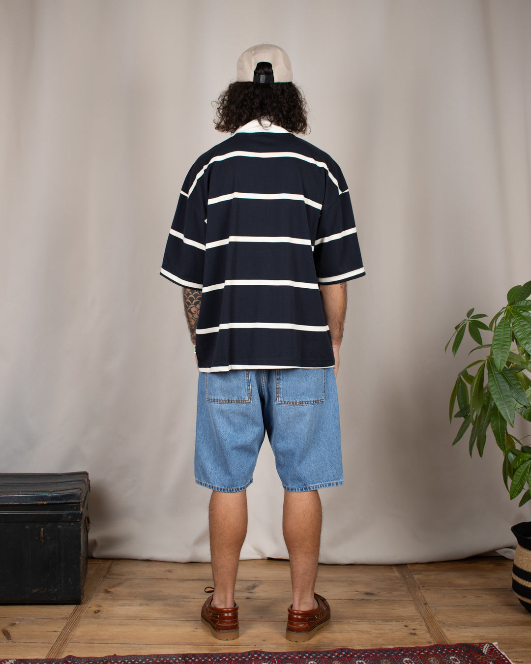 Hiro S/S Stripe Zip Polo Off-White/Navy