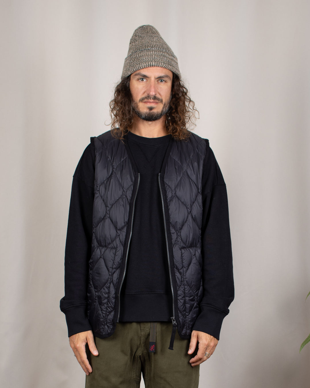 Military V Neck W-Zip Down Vest Black