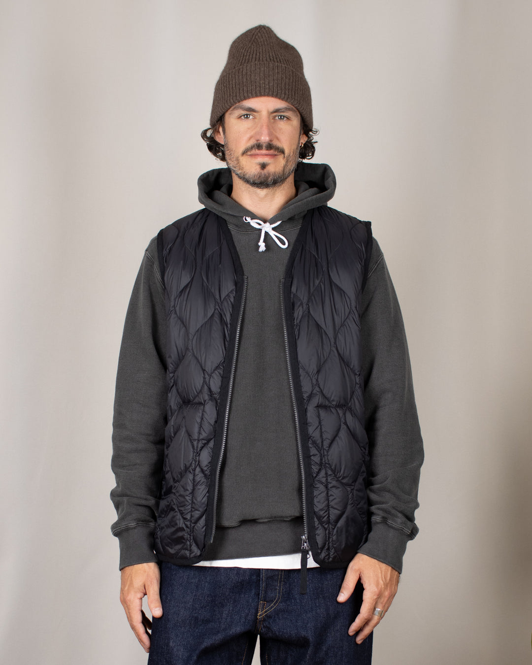 Military V Neck W-Zip Down Vest Black