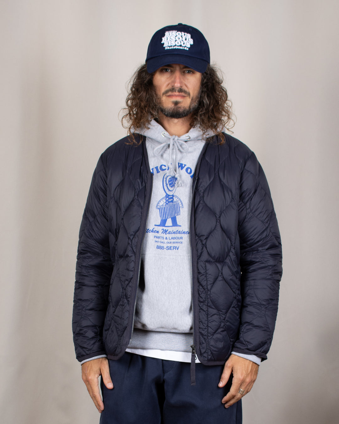Military V Neck W-Zip Down Jacket Dark Navy