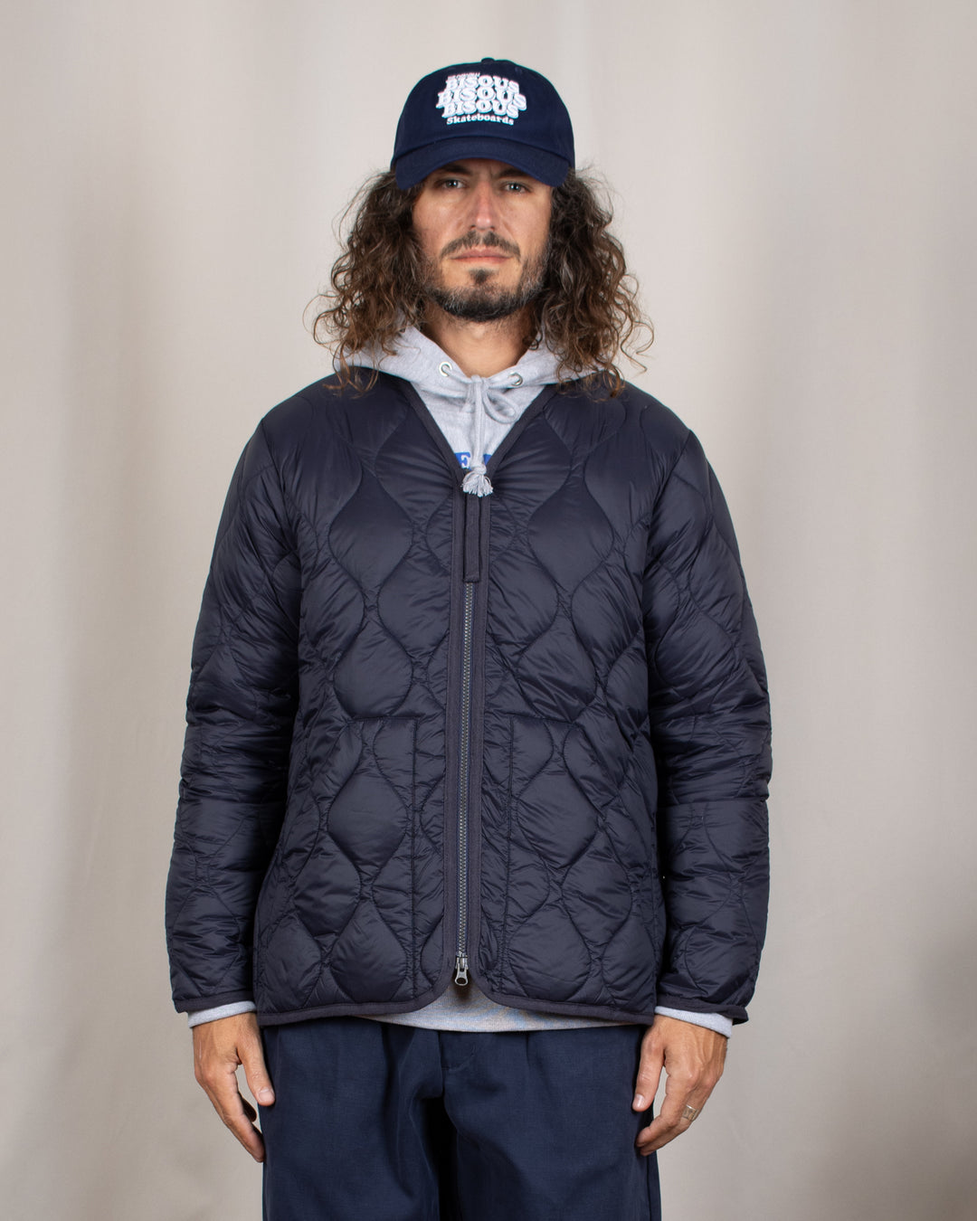 Military V Neck W-Zip Down Jacket Dark Navy