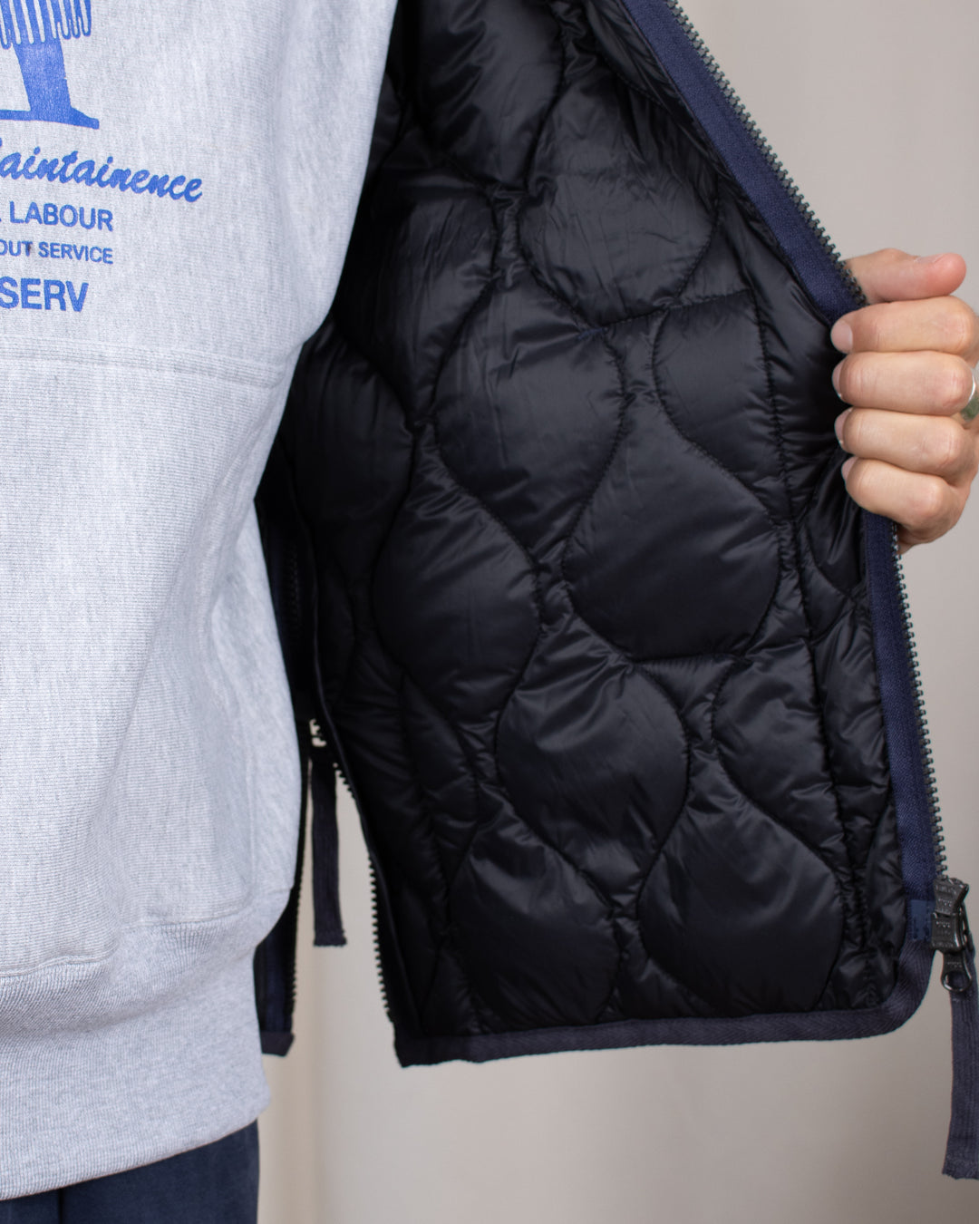 Military V Neck W-Zip Down Jacket Dark Navy