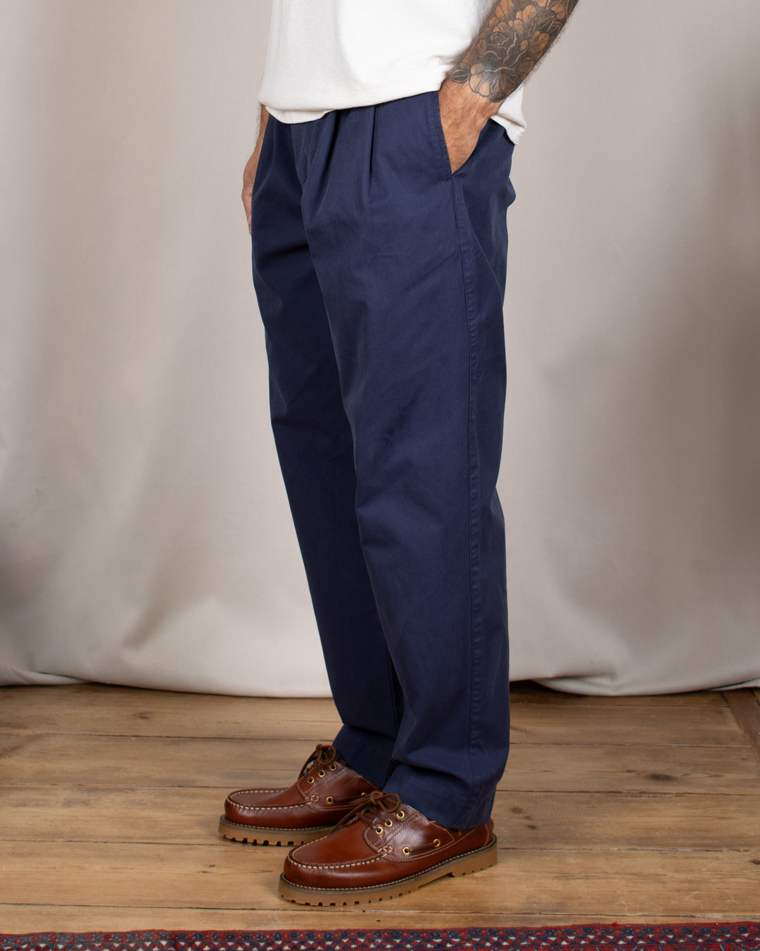 Double Pleats Twill Pants Navy