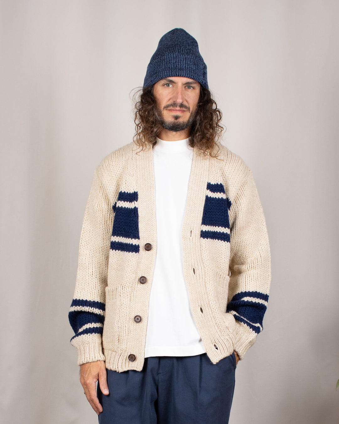 Langdale Cardigan Chunky Knit Stripe Sand