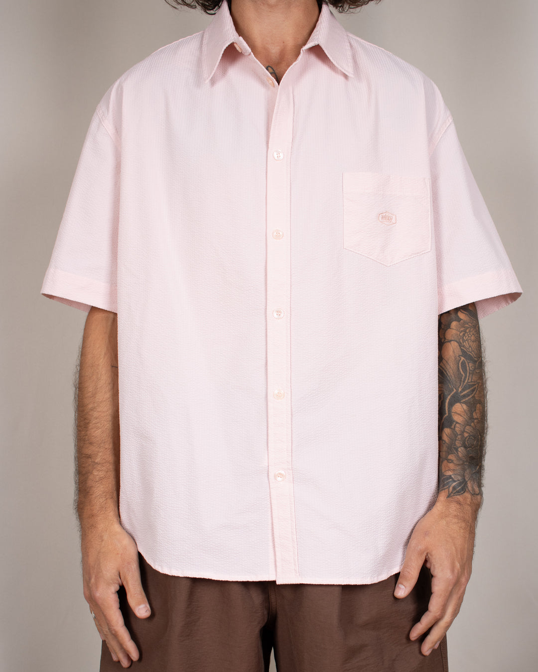 Relaxed Seersucker Half Shirt Light Pink