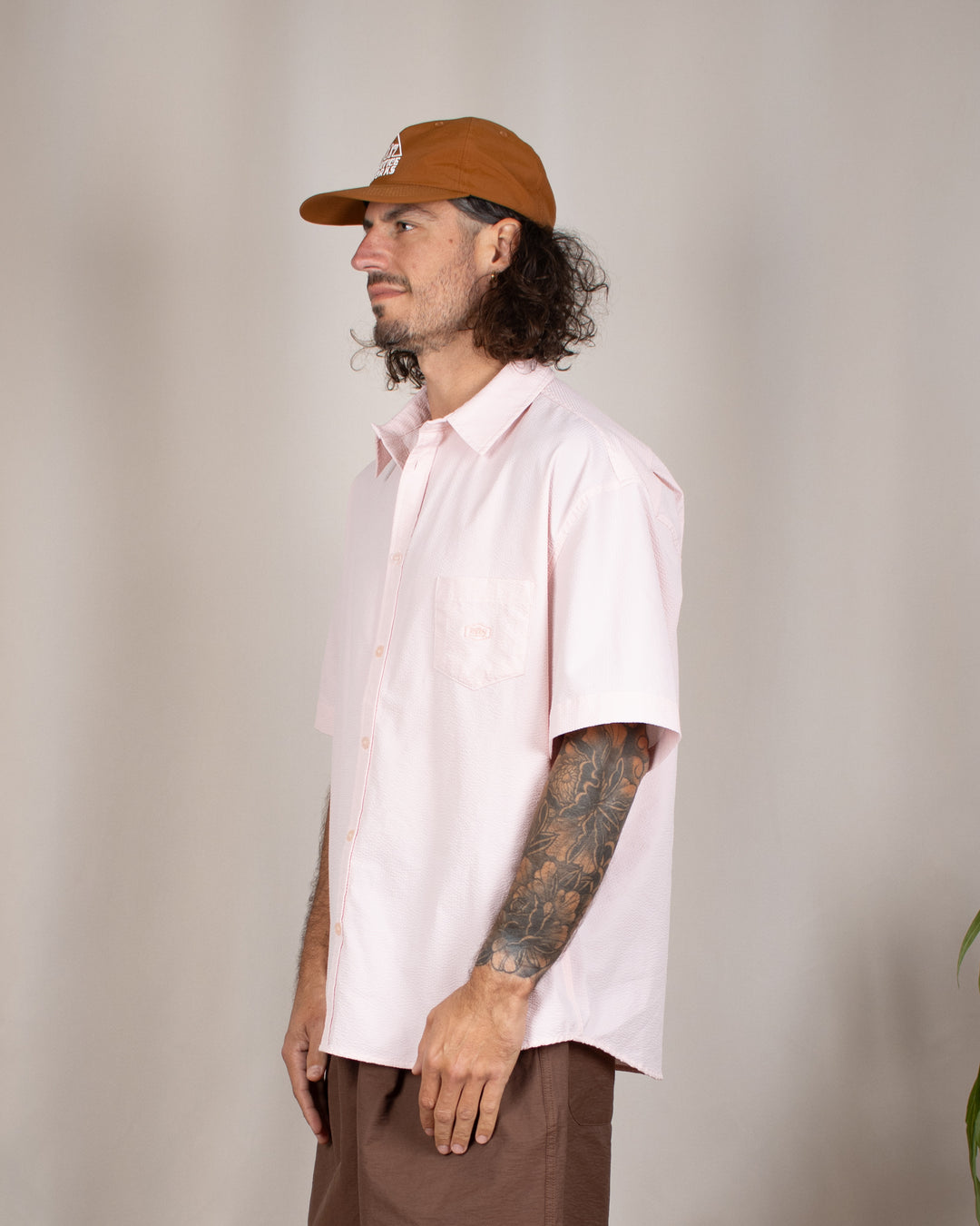 Relaxed Seersucker Half Shirt Light Pink