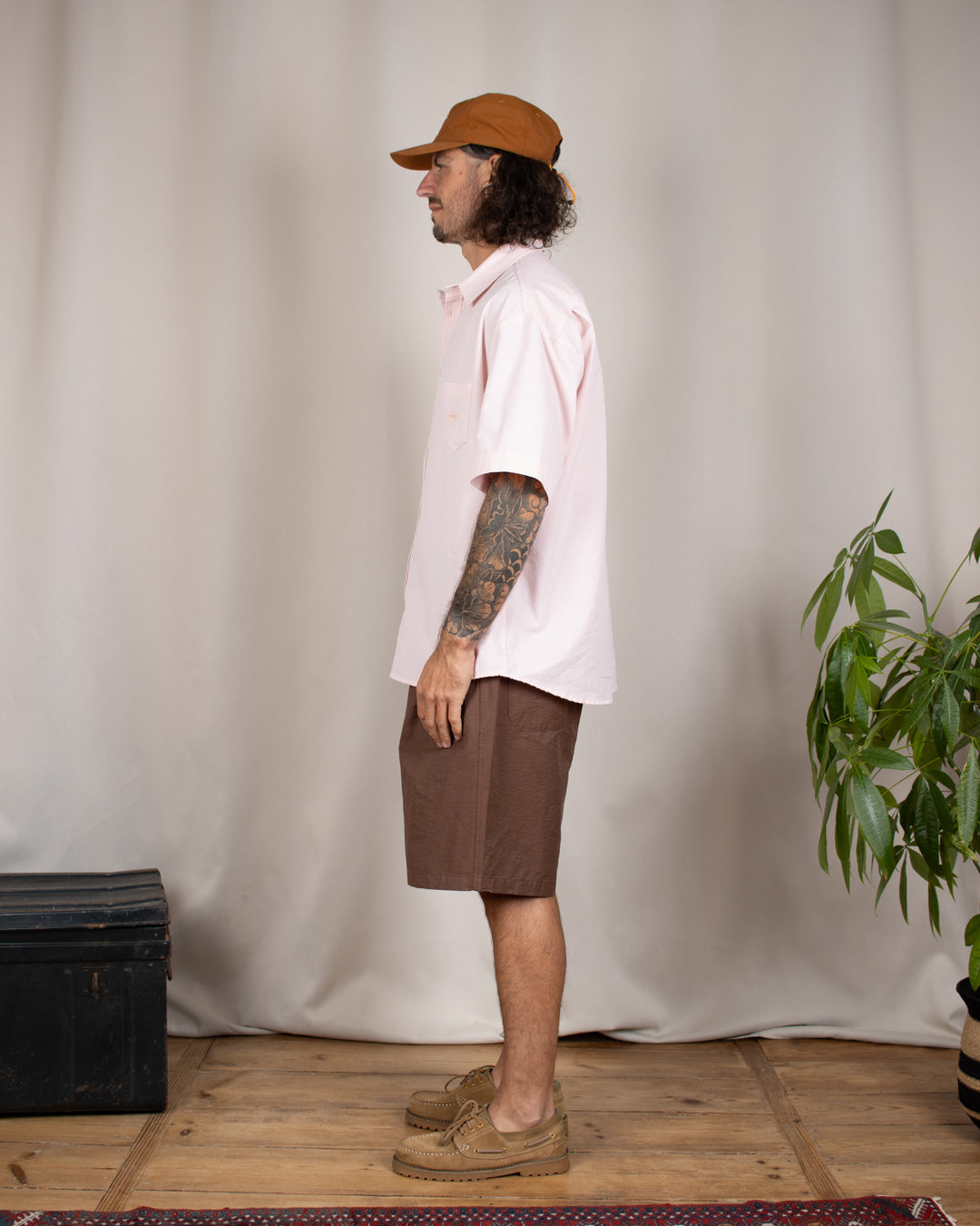 Relaxed Seersucker Half Shirt Light Pink