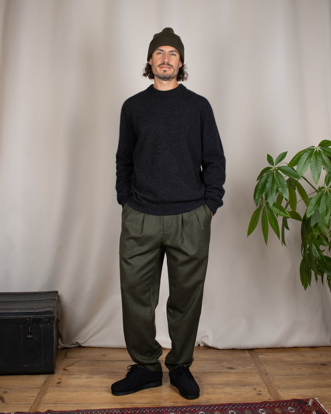 Double Pleats Flannel Pants Olive Mel