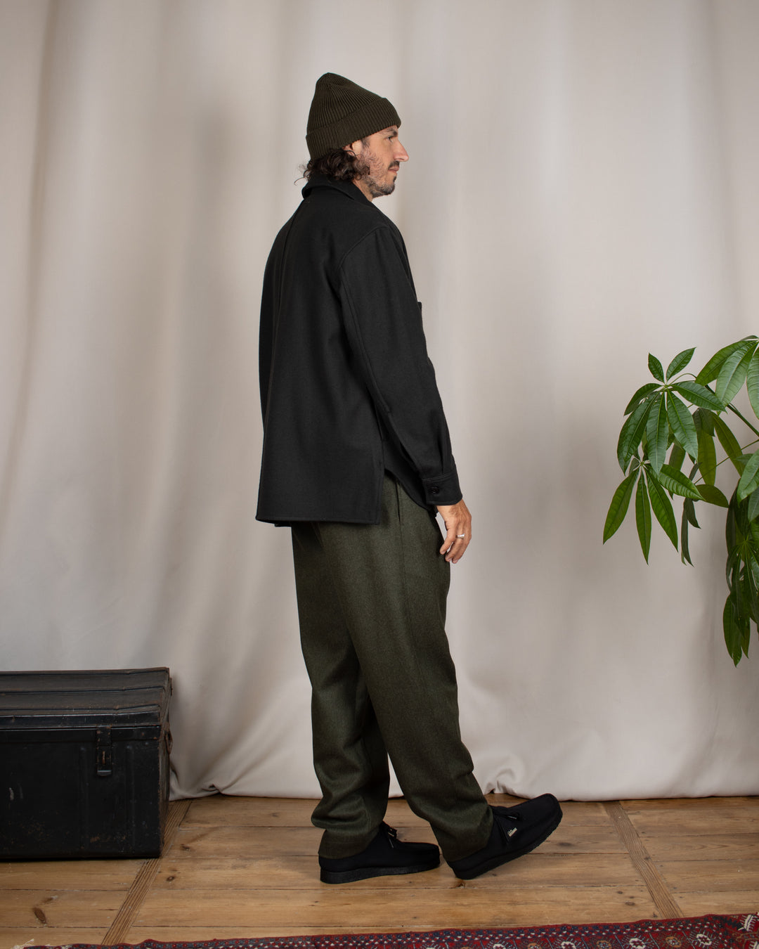 Double Pleats Flannel Pants Olive Mel