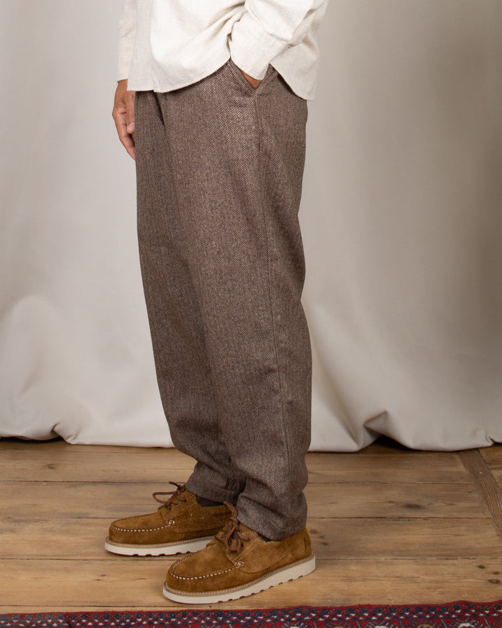 Pleated Track Pant Wool Herringbone Brown