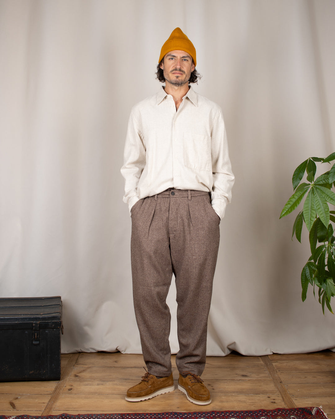 Pleated Track Pant Wool Herringbone Brown