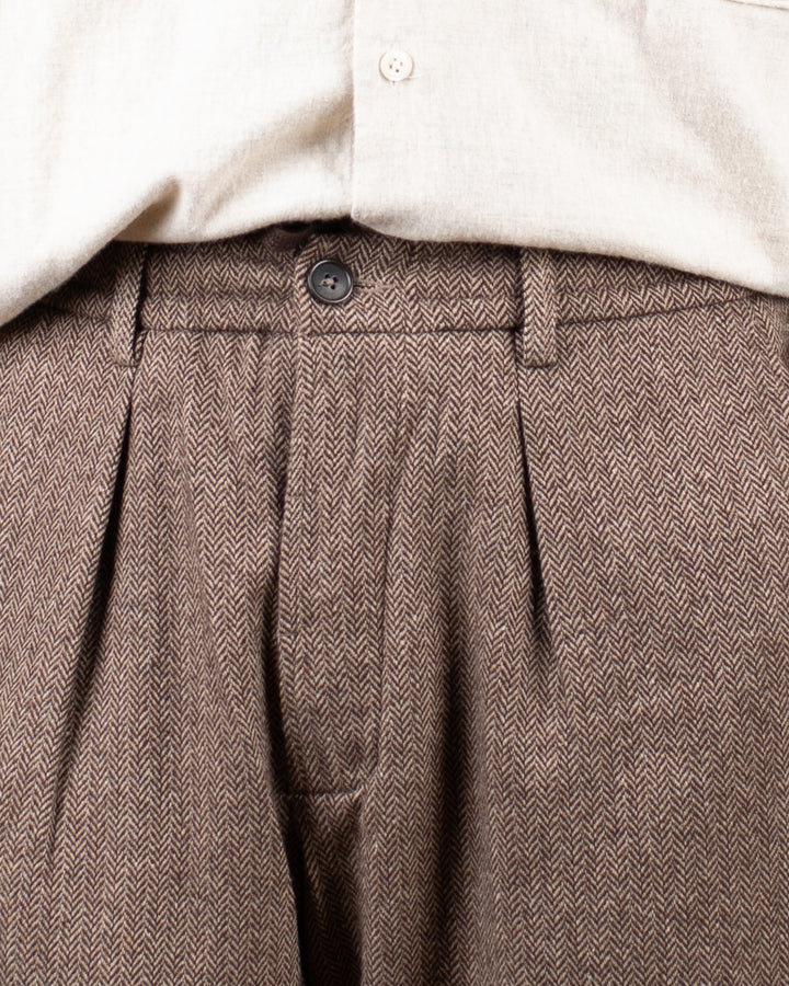 Pleated Track Pant Wool Herringbone Brown