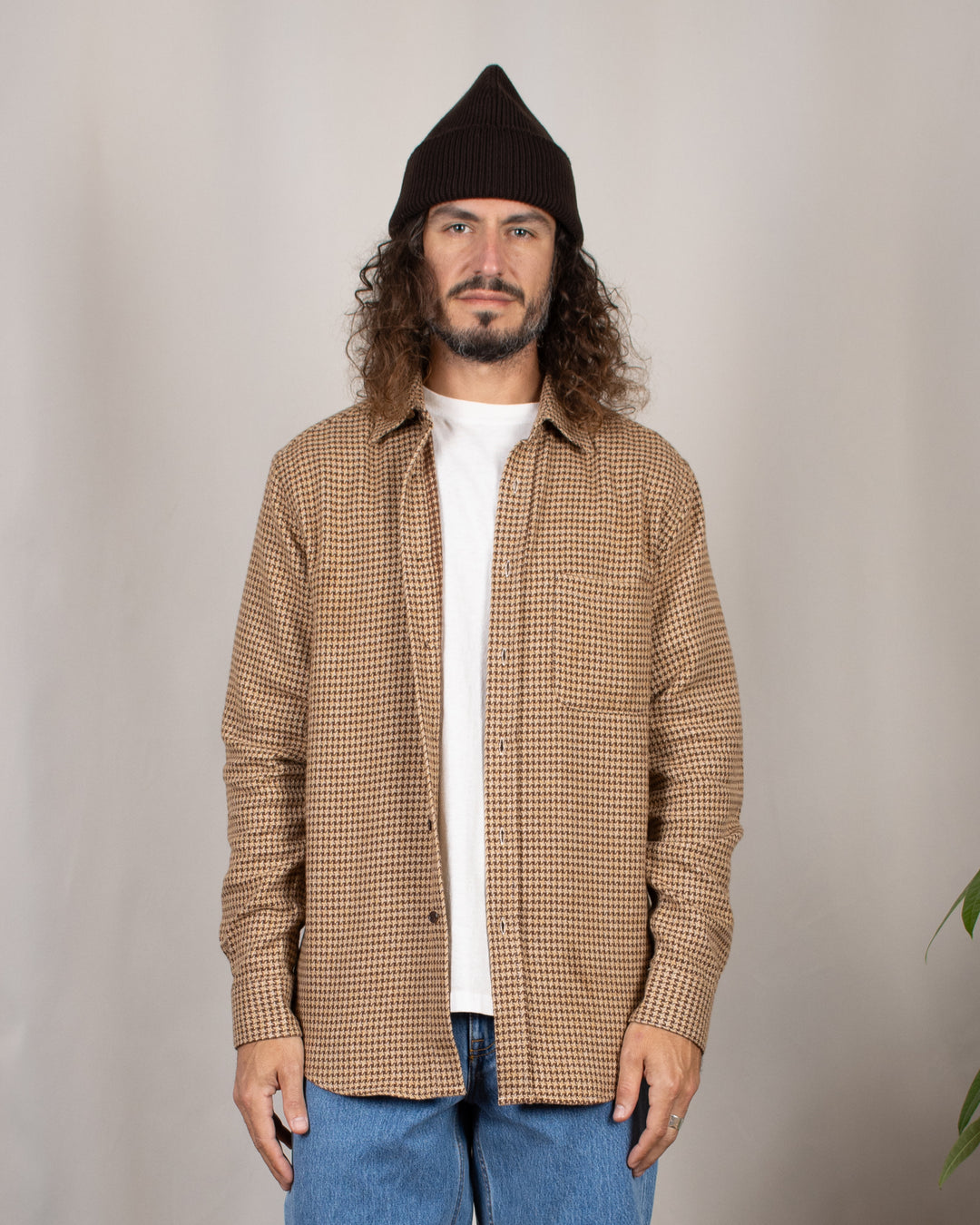 Abstract Pied Poule Flannel Shirt Brown