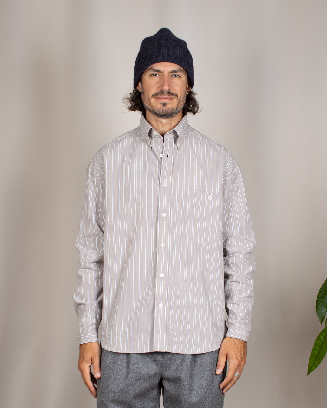 Long Sleeve Baggy Shirt Organic Cotton Brown and White Stripes