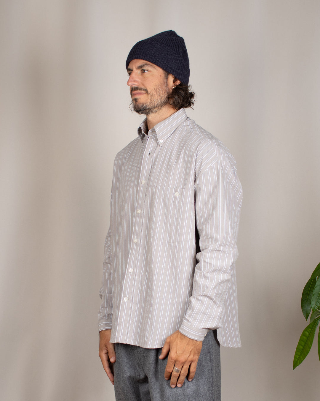 Long Sleeve Baggy Shirt Organic Cotton Brown and White Stripes