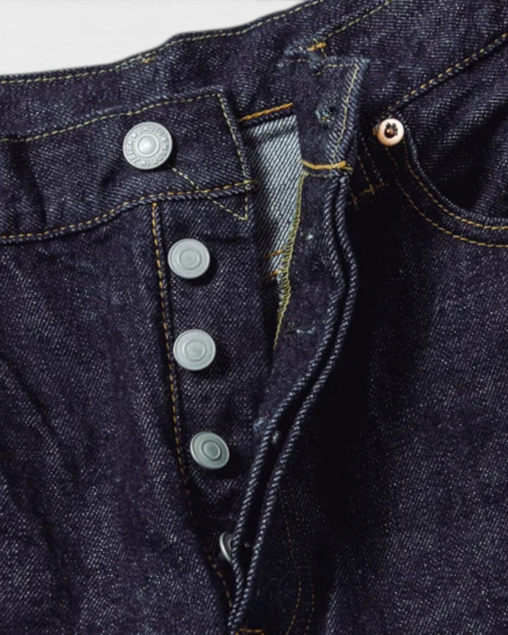 Jean Omoto Denim 0815 13.5oz Loose Fit One Wash Indigo - détail braguette boutonnée
