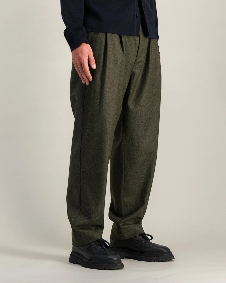 Double Pleats Flannel Pants Olive Mel