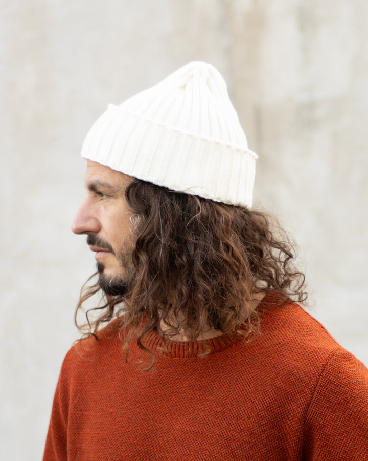 Bonnet à côtes Beige Écume 100% laine mérinos