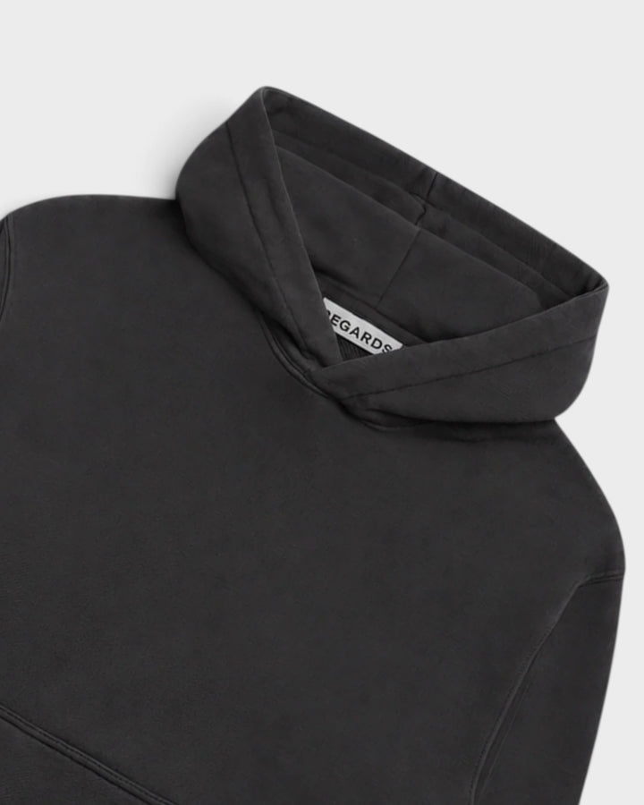 Regards Relaxed Loopback Hoodie Blank Espresso Washed — détail du col et de la matière