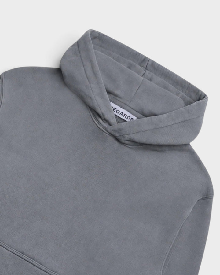 Regards Relaxed Loopback Hoodie Blank Grey Washed — détail du col et de la matière