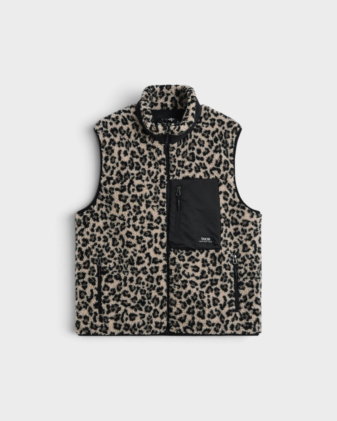 Taion Mountain Boa Fleece High-Neck Vest Leopard, vue de face à plat