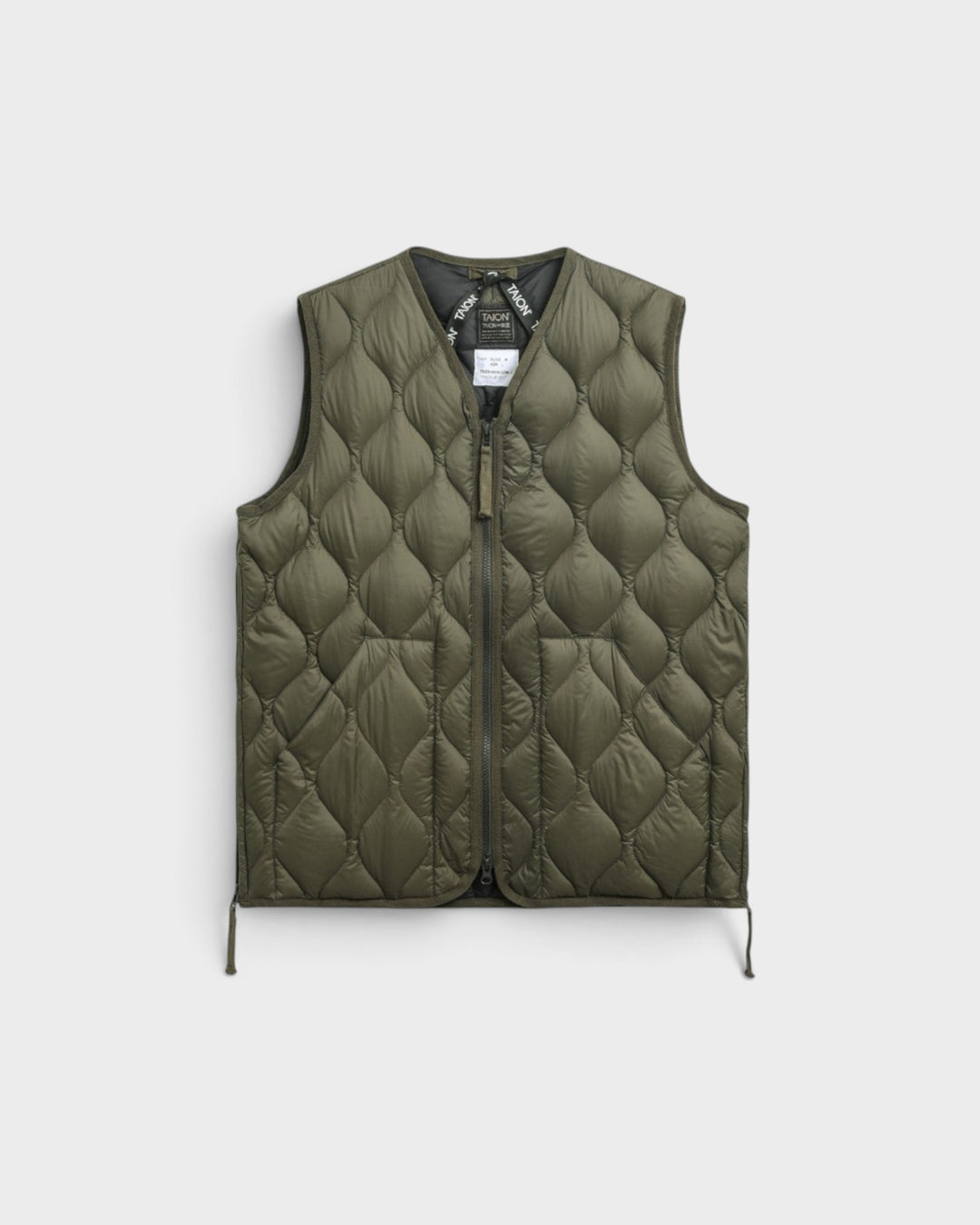Taion Military V Neck W-Zip Down Vest Dark Olive, vue de face à plat
