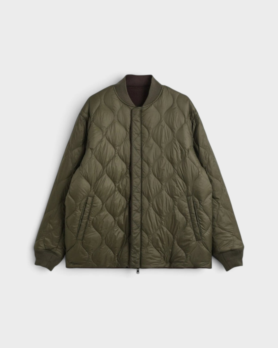 Taion Reversible MA-1 Faux Wool Down Jacket D.BRN×D.OLV, face olive à plat
