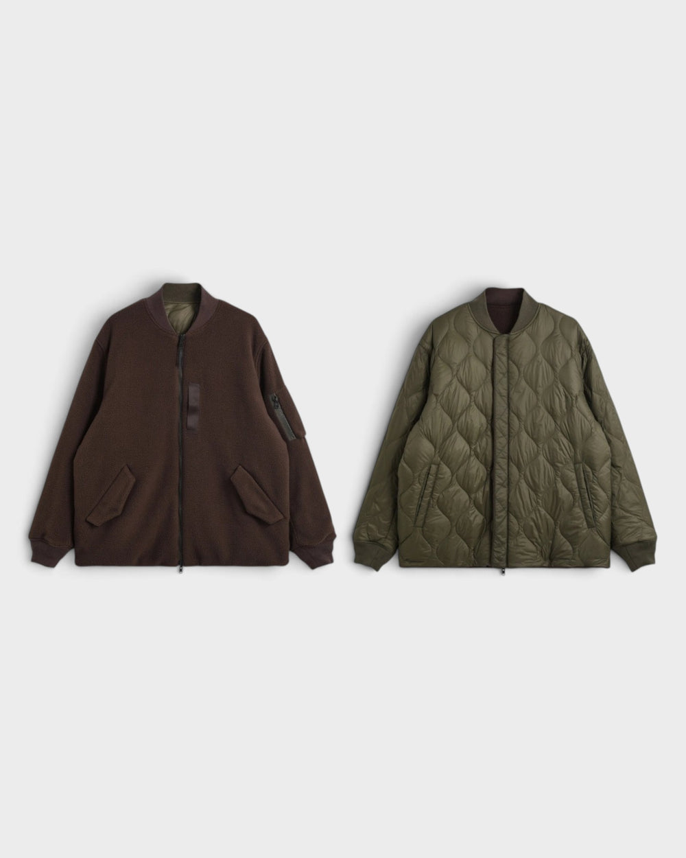 Taion Reversible MA-1 Faux Wool Down Jacket D.BRN×D.OLV, présentation des deux faces