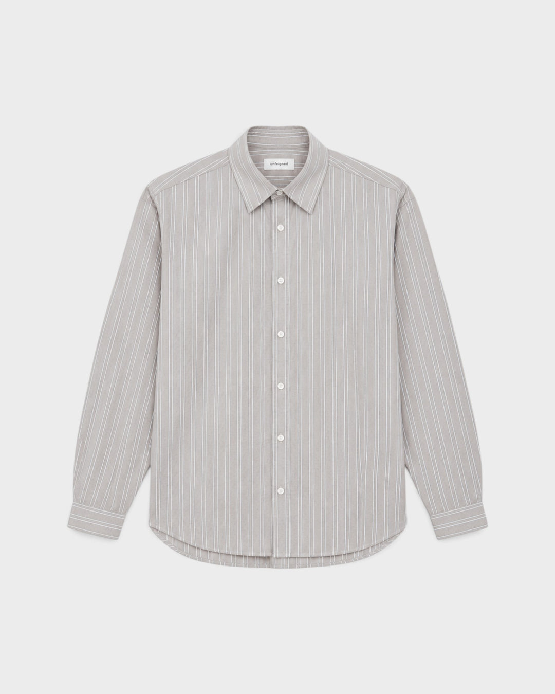 Unfeigned Long Sleeve Baggy Shirt Organic Cotton Brown and White Stripes, vue à plat de face
