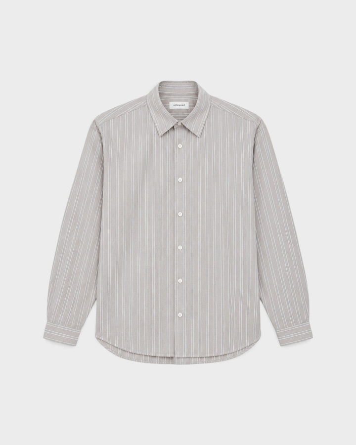 Unfeigned Long Sleeve Baggy Shirt Organic Cotton Brown and White Stripes, vue à plat de face