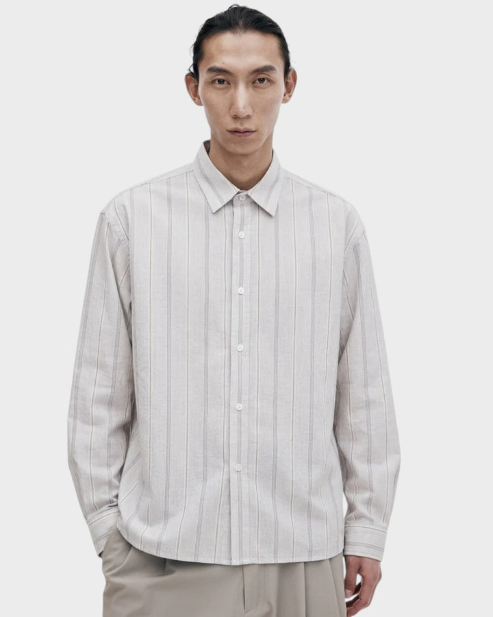 Unfeigned Long Sleeve Baggy Shirt Organic Cotton Thousand Stripes 2, vue portée de face